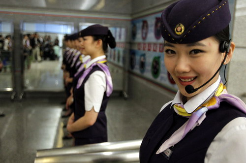 High-speed train attendants ready for service