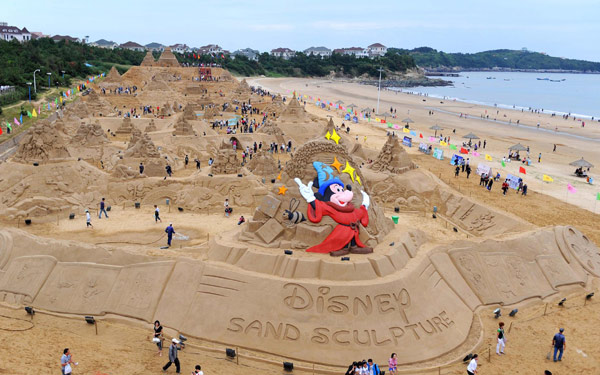 Disney-themed sand sculptures displayed in E China