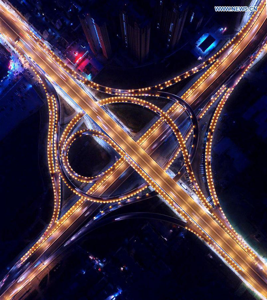 Night view of overpasses in C China's Henan