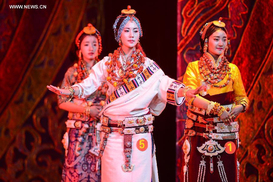 Traditional Tibetan costumes presented in Yushu, NW China