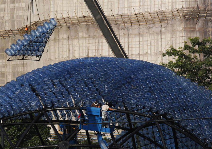 Giant lantern made of 7,000 plastic bottles