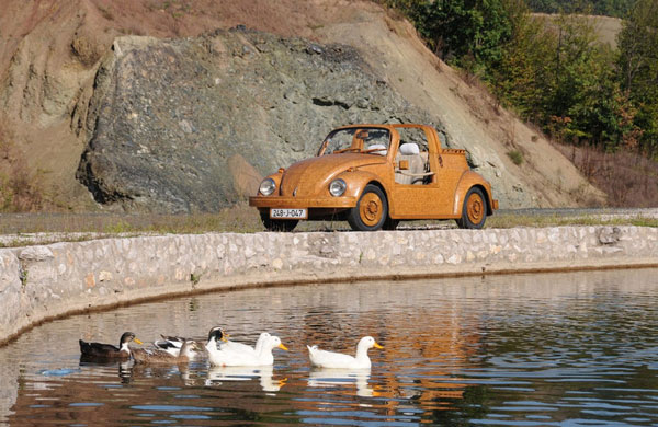 Hand-built wooden Volkswagen Beetle