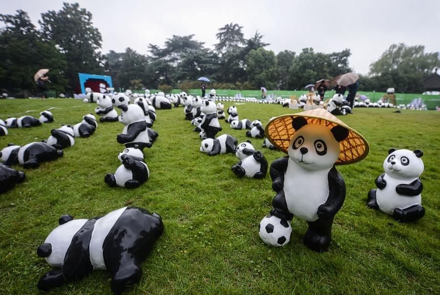 Panda figures displayed near West Lake in Hangzhou