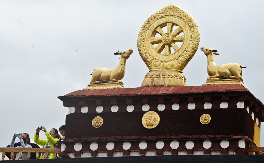 Magnificent golden top of Jokhang Temple maintained in Lhasa