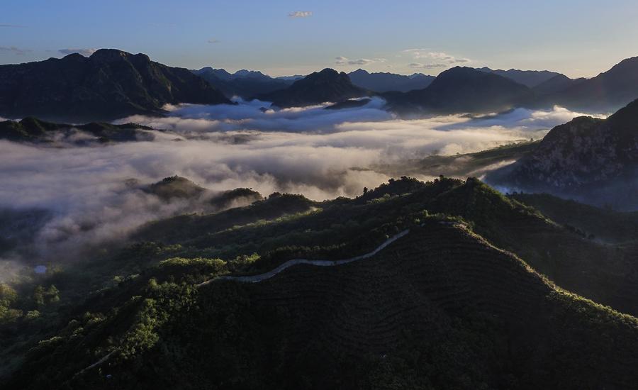 Aerial view of Great Wall surrounded by mist in N China