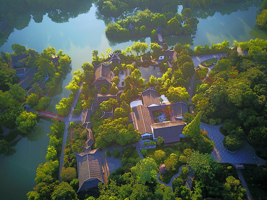 Aerial view of Slender West Lake in morning light