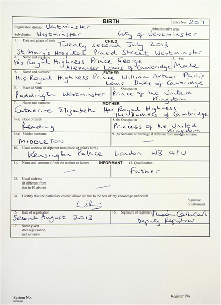 Kate, William register birth of Prince George